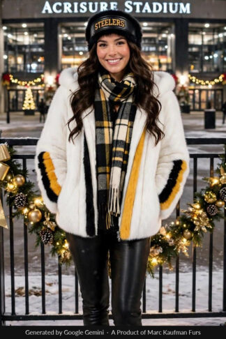 Woman in a white mink hooded jacket with a gold and black band down each side of the zip and round each sleeve, hands in the pockets, at a railing outside a Pittsburgh stadium at night.