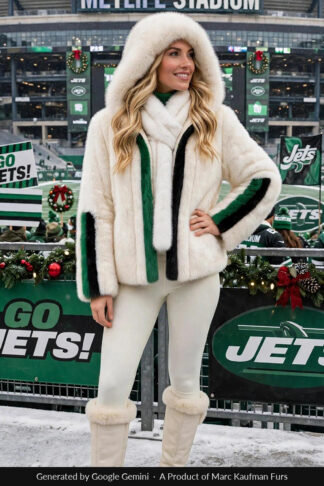 Woman in a white mink hooded jacket with the hood up, a green and black band down each side of the zip and round each sleeve, standing at the rail of a New Jersey stadium in the snow.