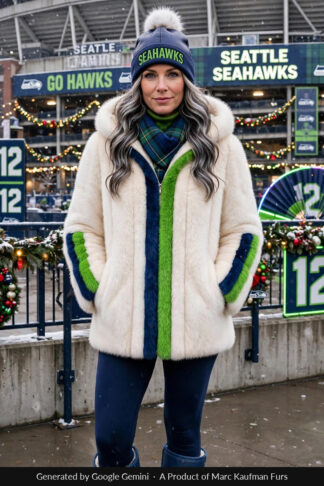 Woman in a white mink hooded jacket with a lime green and navy band down each side of the zip and round each sleeve, hands in the pockets, at a railing outside a Seattle stadium in snow.
