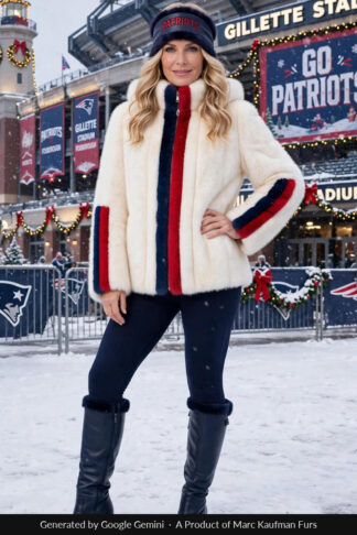 Woman in a white mink hooded jacket with a navy and red band down each side of the zip and round each sleeve, with a navy headband and tall navy boots, outside a New England stadium in falling snow.