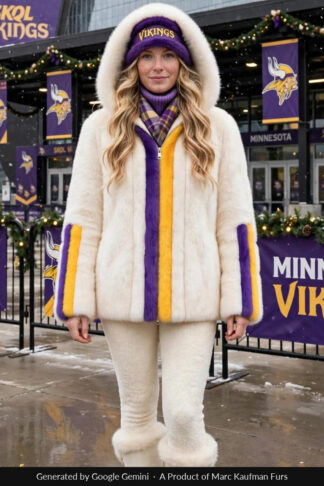 Woman in a white mink hooded jacket with the hood up, a purple and gold band down each side of the zip and round each sleeve, outside a Minneapolis stadium in falling snow.