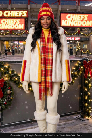 Woman in an open white mink hooded jacket with a red and gold band down each side of the zip and round each sleeve, a plaid scarf and cream gloves, outside a Kansas City stadium at night.