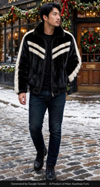 Man in a black mink sports jacket with two white mink chevrons across the chest, a white stripe down each sleeve, a spread collar and a two-way zipper, walking on a snowy cobbled street.