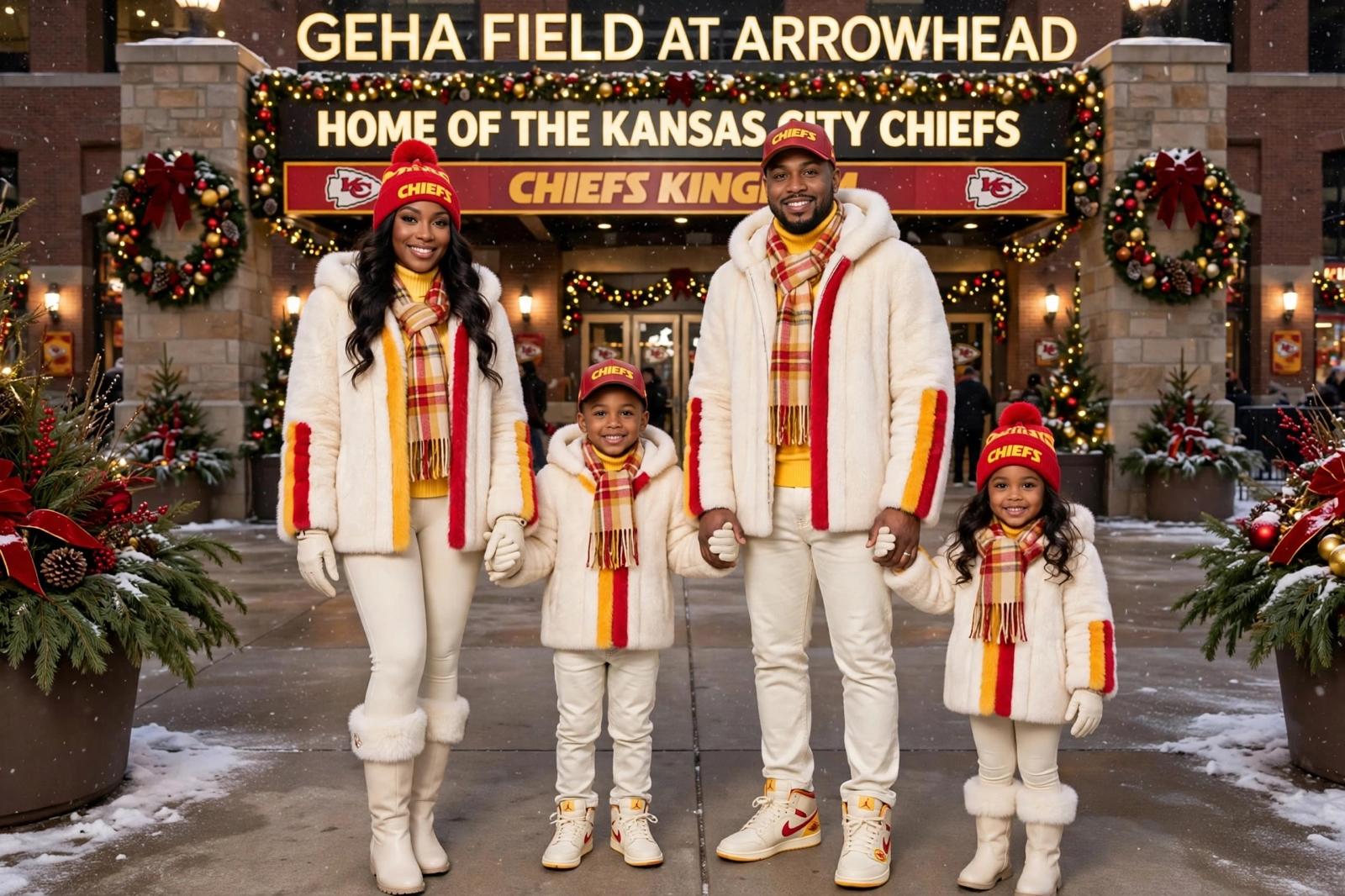 Family of four outside a stadium in falling snow, all in matching cream hooded fur jackets with red and gold stripes down the front and pockets, the two children standing between their parents.
