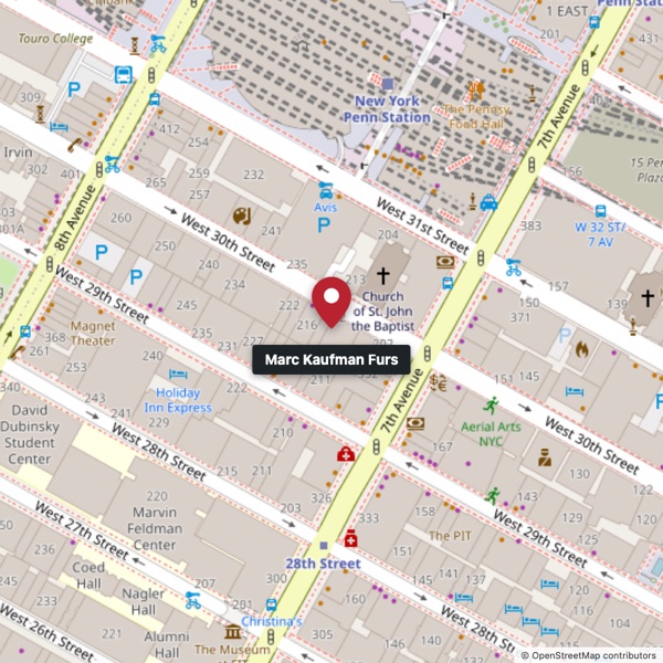 Map showing Marc Kaufman Furs at 212 West 30th Street, New York