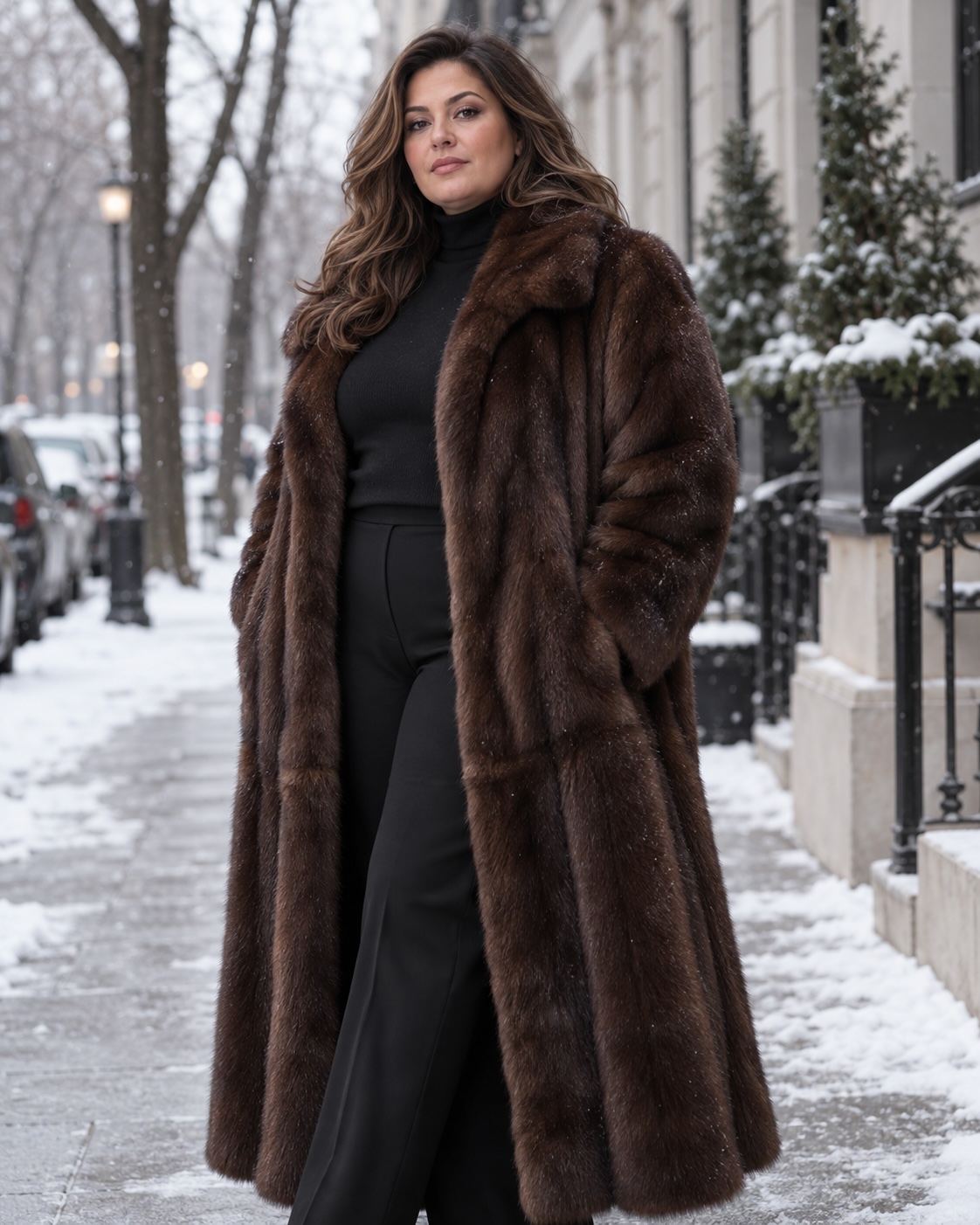 Plus size woman wearing a full-length mahogany mink fur coat on a snowy New York street