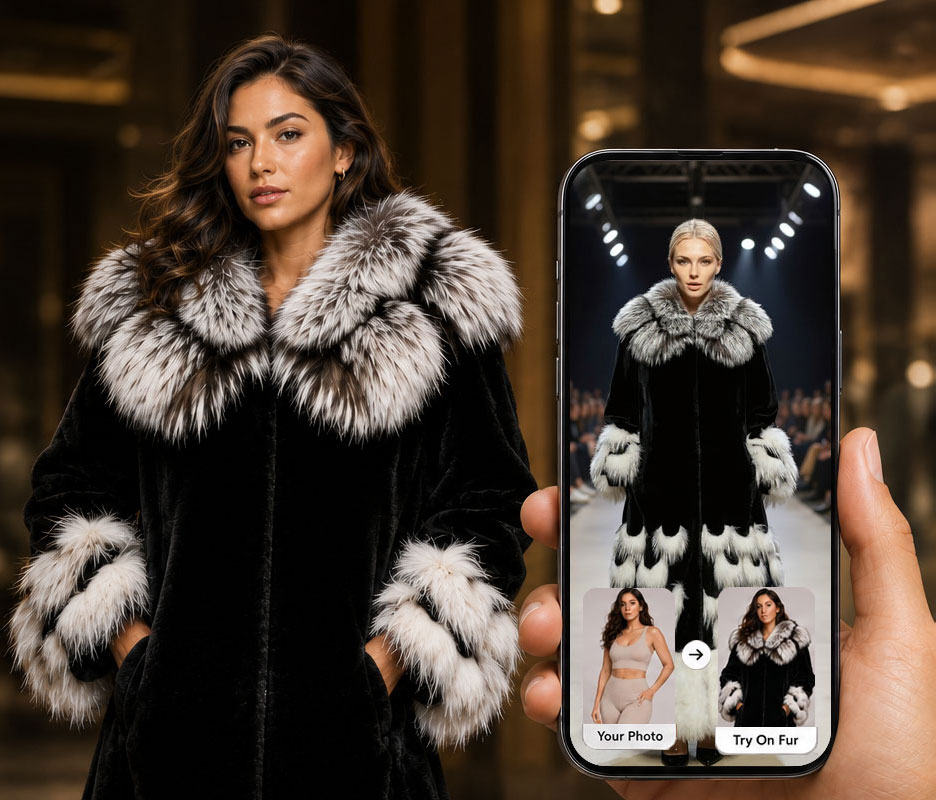 A black mink coat with silver fox trim, beside a phone showing it placed on a customer's own photograph