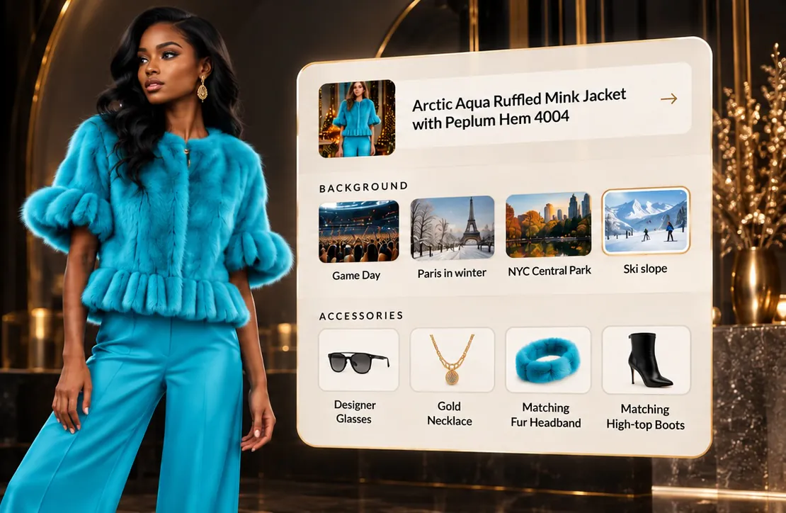 A model in the Arctic Aqua ruffled mink jacket beside the virtual try-on panel, where you pick a background such as Game Day, Paris in winter, Central Park or a ski slope, and add accessories