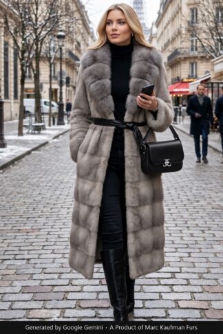 Woman walking a snowy Paris street in a calf-length gray mink coat worked in horizontal bands, with a plush sable shawl collar, deep cuffs and a black leather tie belt, carrying a black Freedom Saddle bag by Keis to Joi.