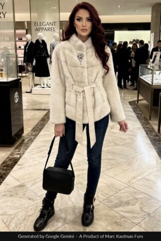 Woman in a pale grey mink jacket with a stand collar and matching tie belt, worn with dark jeans and black ankle boots