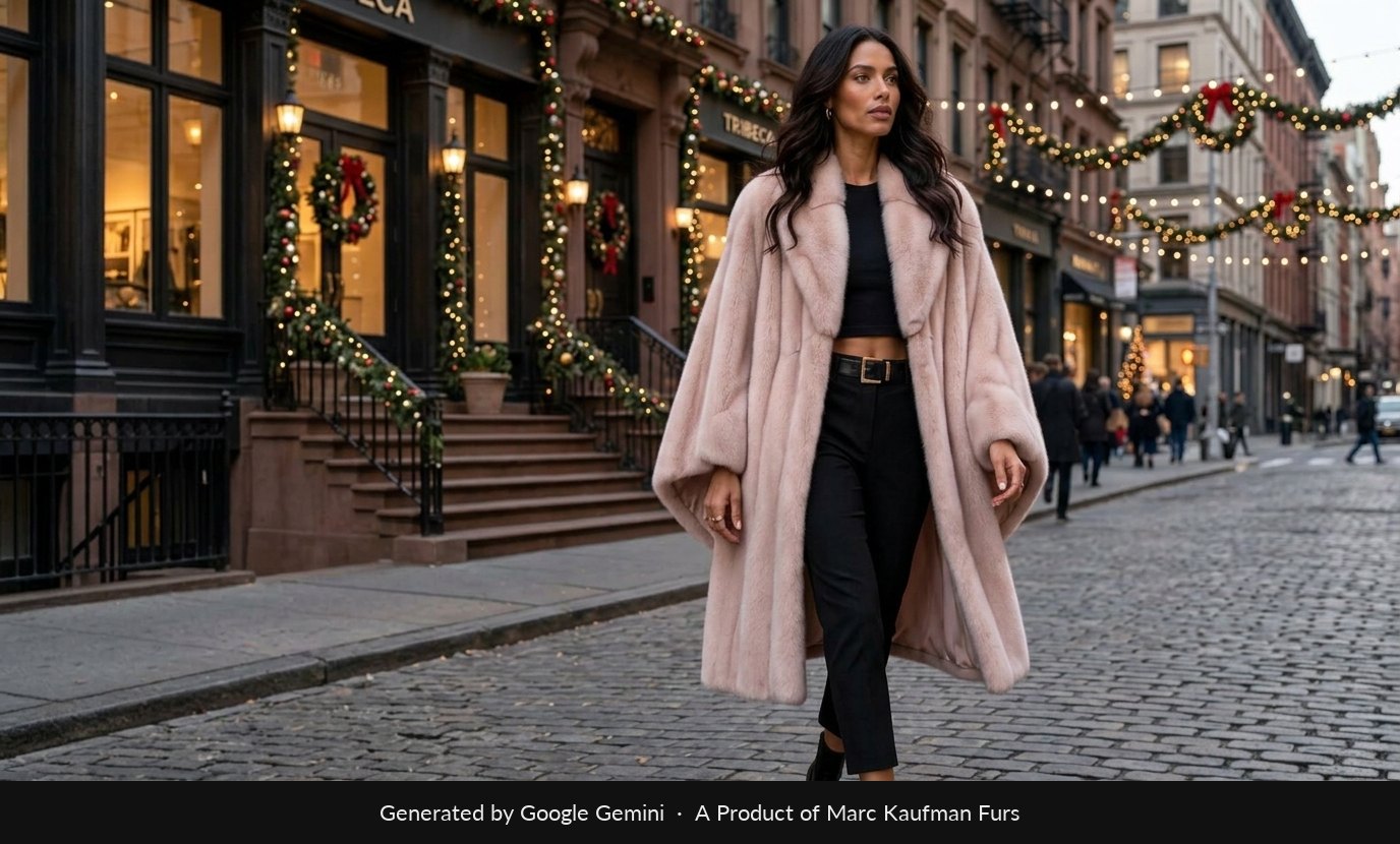 Woman walking a cobblestone New York street in winter in a blush pink mink cape coat with batwing sleeves, worn open over black