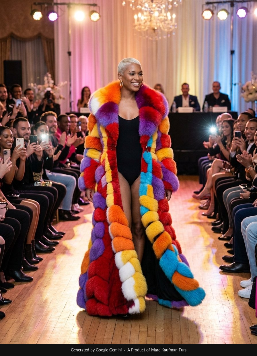 A trans woman with a platinum pixie cut walks a ballroom runway in a full-length jewel-tone fox coat while the crowd films on their phones