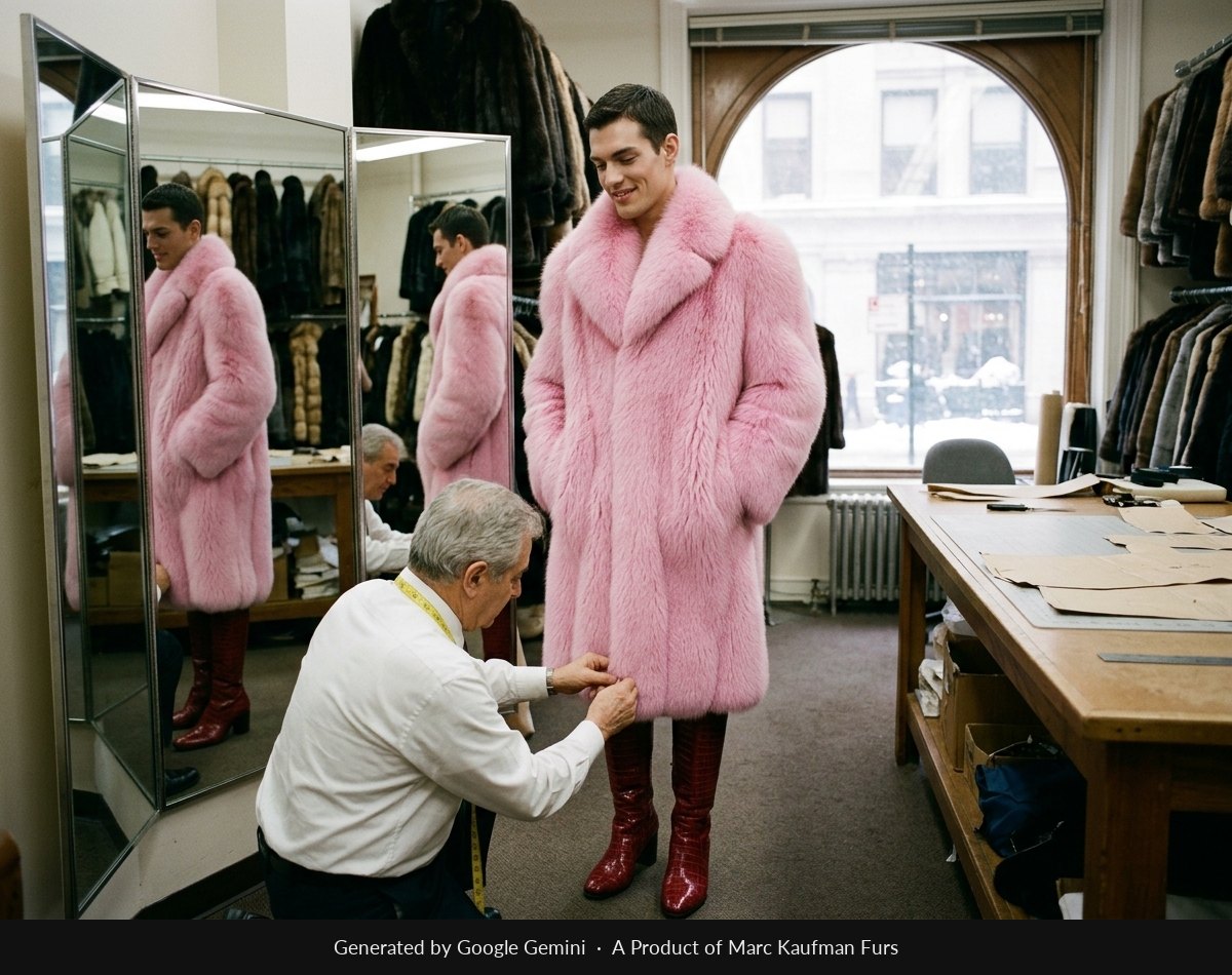 A furrier kneels to pin the hem of a bright pink fox coat on a client standing at a three-way mirror in a New York workroom